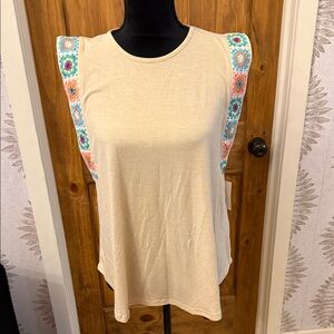 Beige Boho Crochet-Trim Sleeveless Top